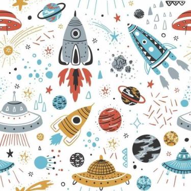 Imagem de Papel de Parede Vinílico Autoadesivo Lavável Astronauta Foguete Espaço