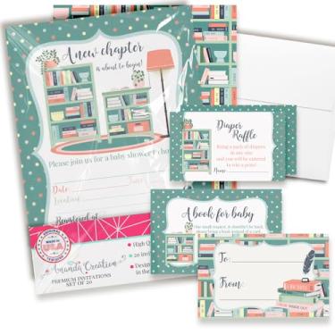 Imagem de Baby Shower Invites Gender Neutral – Book Lover Baby Shower Convite Bundle with Diaper Raffle Tickets, Book Request Cards & Envelopes. Conjunto de 20 5X7 Novo Capítulo Está Prestes a Começar Conjunto