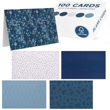 Imagem de 100 cartões de nota azul em branco com envelopes e adesivos, conjunto de 4 x 6 em caixa de volume de todas as ocasiões, cartões comemorativos, sortidos de cartões de felicitações genéricos da Marinha