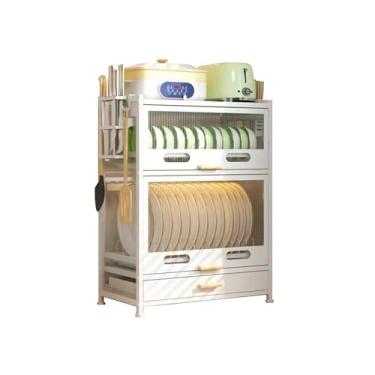 Imagem de FAQINZYUAN Armário de Armazenamento de Pratos de Bancada de Cozinha com Gavetas, Armário de Pratos À Prova de Poeira de 4 Camadas para Garrafas, Pratos, Tigelas, Armário de Jantar de Console (Branco)