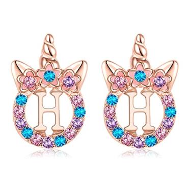 Imagem de TRWWELL Brincos de unicórnios, presentes para meninas, brincos de zircônia cúbica com inicial de unicórnio em ouro rosa para crianças, crianças, strass, letra inicial, unicórnio, brincos, joias para
