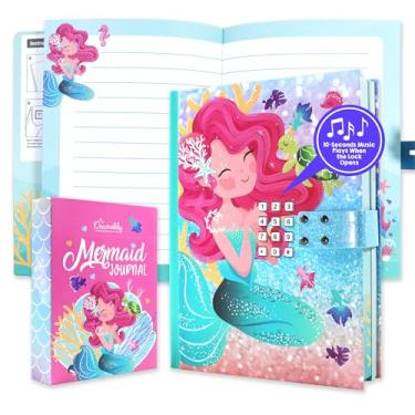 Imagem de Decorably Diário de sereia Glittery A5 com cadeado para meninas com música, diário com trava de 80 folhas para meninas, diário de sereia com cabo de carregamento