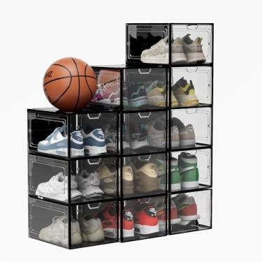 Imagem de jphoiy box Pacote com 12 Caixas de Armazenamento de Sapatos Transparentes Empilháveis, Organizador de Sapatos para Armário, Caixas de Tênis, Ajuste Resistente Até O Tamanho Máximo de Us12, Preto