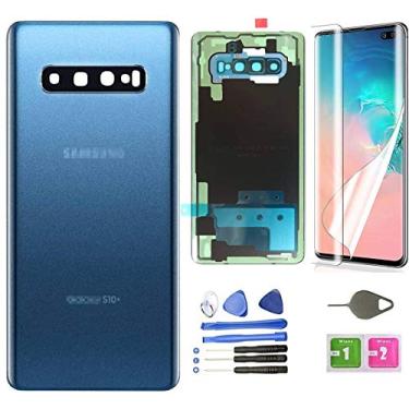 Imagem de Capa traseira de vidro para Galaxy S10 Plus (à prova d'água) com lente de câmera e moldura + peças de fita para Samsung Galaxy S10 Plus S10+ SM-G975U/W/F/DS + ferramentas (azul prisma)