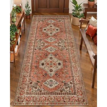 Imagem de Tapete Boho Runner, 5 x 15 cm lavável para corredores, tapete de corredor vintage antiderrapante, tapete longo macio de baixa película, tapete oriental de terracota envelhecido para cozinha, quarto,