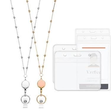 Imagem de 2 peças de cordão retrátil de crachá com 4 peças de suporte de identificação para mulheres, corrente de contas moderna de aço inoxidável premium com cordão de crachá resistente à água (ouro rosa e prata)