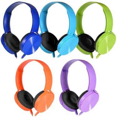 Imagem de Wensdo Fones de ouvido infantis a granel, pacote com 5 para sala de aula escolar K-12, conjunto de fones de ouvido duráveis para estudantes, crianças, adolescentes, meninos, meninas e adultos (HY450,