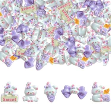 Imagem de 50 peças de pingentes de resina para coelhos, laços roxos com costas planas de resina, pingentes de geleca de coelho para artesanato, enfeites diários para scrapbooking faça-você-mesmo, joias de