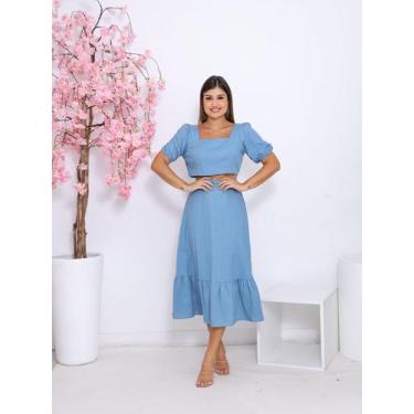 Imagem de Conjunto Feminino Linho Premium Saia Midi e Blusa Manga Bufante Fashio