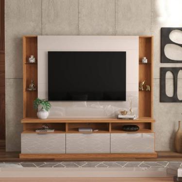 Imagem de Estante Home para TV até 70 Polegadas 3 Portas Prateleiras Vidro e Rodízio Bilbao Jequitibá/Off White - Lukaliam