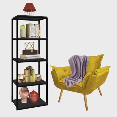 Imagem de Kit Poltrona Fatte com Manta Soft Lilás e Estante Livreiro Ferro Preto mdf Preto Suede Amarelo - Ahz Móveis