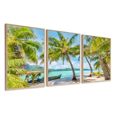 Imagem de Quadros Decorativos praia paisagem coqueiro verde barco luxo com moldura (Moldura Bege, 60x80, Sem Vidro)