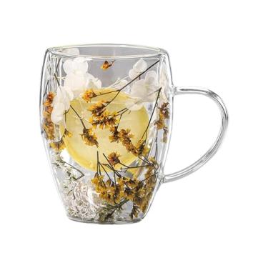 Imagem de Canecas de café de vidro de parede dupla, copos de vidro de flores secas transparentes, canecas de café de vidro isolado de 350 ml, xícaras de chá, xícaras de café com alças para cappuccino, chá