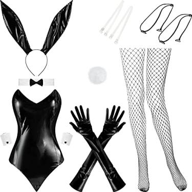 Imagem de Conjunto de 9 peças de roupa de coelhinho para meninas, macacão de cauda de Halloween, conjunto de fantasia de coelho para festa feminina, Preto, Small