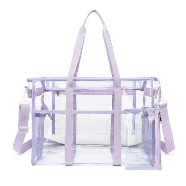 Imagem de Sisipoet Bolsa feminina transparente de praia com bolsa removível para celular - Sacolas transparentes dobráveis e impermeáveis para praia, piscina, estádio, Roxa, One Size