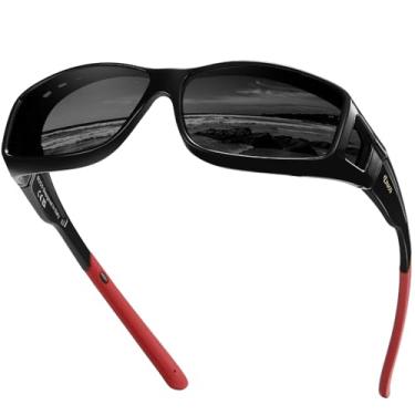 Imagem de DUCO Óculos de sol Fit Over para homens e mulheres, óculos de proteção polarizada para dirigir, correr, esportes, grandes, DC8968, Armação preta, lente cinza têmpora vermelha