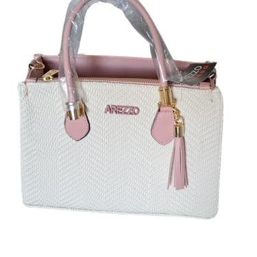 Imagem de BOLSA BAU de Luxo classica fino acabamento linda corino texturizado BRANCA COM ROSA "replica"