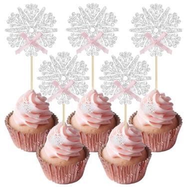 Imagem de 24 peças de topos de cupcake de floco de neve com glitter, floco de neve, arco rosa congelado, floco de neve, decoração de bolo, chá de bebê, revelação de gênero, tema de inverno, decoração de bolo de
