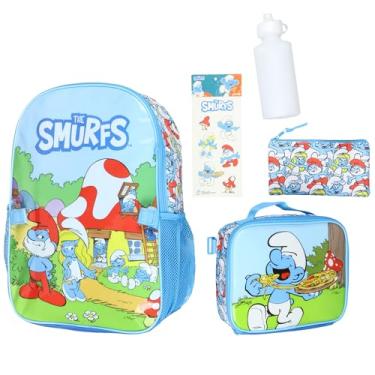 Imagem de INTIMO The Smurfs Mochila Mega Conjunto de 5 Peças Mochila de Viagem com Lancheira, Estojo de Lápis Garrafa de Água e Adesivos