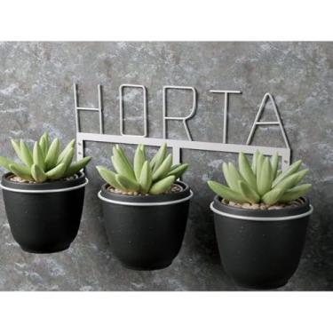Imagem de Suporte Triplo P Vaso com o Letreiro Horta em Ferro Pintura Eletrostática (Preto, A-19 x L-15 x C-53 cm)