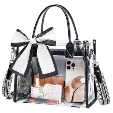 Imagem de ASKSKY Bolsa transparente transparente para eventos de estádio para mulheres, bolsa de ombro de plástico PVC grosso com alça de guitarra para esportes, shows, praia, preta, Preto, One Size