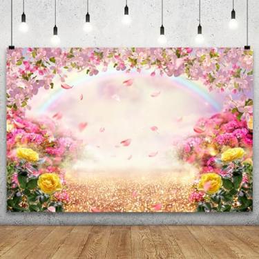 Imagem de YongFoto 3,7 x 2,4 m Primavera Floral Fundo Rosa Amarelo Flores Pétala Arco-íris País das Maravilhas Fundo Fotográfico Sonho Chá de Bebê Menina Princesa Festa de Aniversário Crianças Adultos Retrato