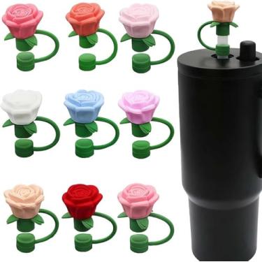 Imagem de 9 capas de canudo rosa de silicone para copo Stanley – presente de dia dos namorados para mulheres, canudos de flores servem para canudos de 6 a 10 mm, acessórios fofos para copos, canudos