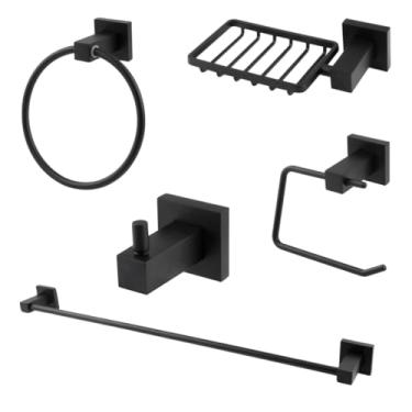 Imagem de Kit Completo Acessórios Para Banheiro Preto Toalheiro Saboneteira Papeleira Luxo Metal Inox