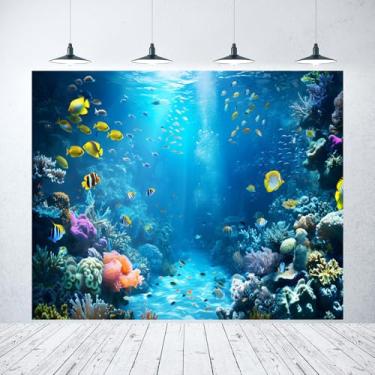 Imagem de Pano de fundo sob o mar, 3,7 x 3 m, cenário oceânico, mundo subaquático, colorido, tropical, peixe, coral, aquário, luz solar, fundo para fotografia de aniversário sob o mar, decorações de festa
