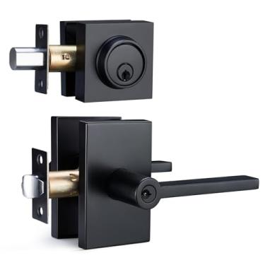 Imagem de SNBTLA Conjunto de maçanetas de entrada preto fosco - Alavanca retangular moderna com fechadura de cilindro único, reversível para portas destros e canhotos, fechadura de porta frontal resistente para