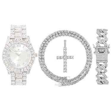 Imagem de Charles Raymond Colar masculino de luxo com cruz de tênis com relógio de pulso de quartzo de diamante - Be Lit & Choose The Matching Out Cuban ZZ Bracelet Set - ST10327TCR, ST10327RN Slv Conjunto de 3