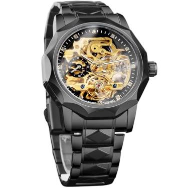 Imagem de FORSINING Relógio mecânico automático esqueleto masculino com bisel de 12 lados e engrenagens expostas e design turbilhão, pulseira exclusiva de aço inoxidável com elos de losango, relógio de pulso