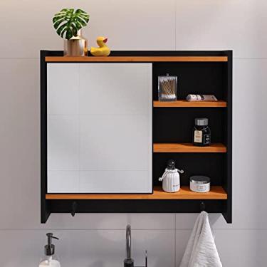 Imagem de Genérico, Espelheira de Banheiro Armarinho Suspenso Com Porta Ganchos Prateleira Organizadora Genova - Preto/Cinamo