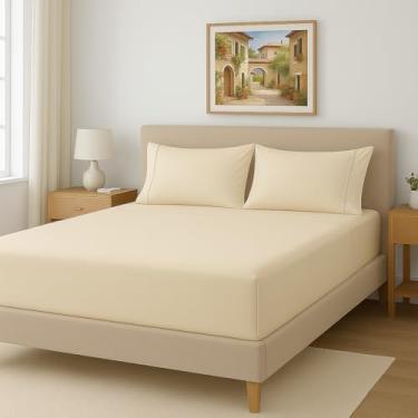 Imagem de Lençol King 3 Peças 300 Fios 100% Algodão Egípcio – Lençol com Elástico + 2 Fronhas com Ponto Palito (Palha)