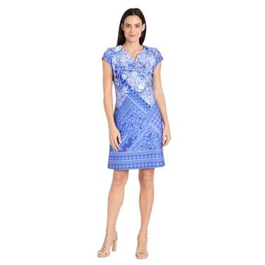 Imagem de Elegante vestido floral azul com mangas cavadas e decote notch, Azul, 46