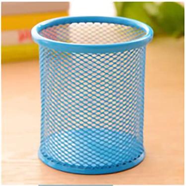 Imagem de Metal Mesh Pen Pen Porta de Desktop Rack de Armazenamento Supplies para Escrever Escovas de Maquiagem de Canetas Pretas (Azul redondo)