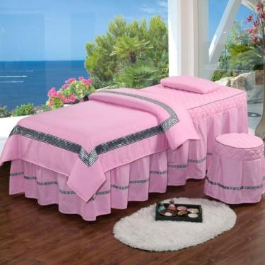 Imagem de Conjuntos de lençóis de mesa de massagem spa beleza capa de cama 4 peças microfibra massagem saia de cama macia cor sólida colchas salão fumigação roupa de cama conjunto de cama com furo colcha