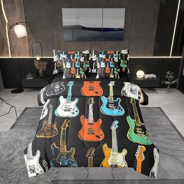 Imagem de Castle Fairy Conjunto de edredom com desenho de guitarra e baixo, 7 peças, tamanho king, para crianças, para amantes de música moderna, conjunto de cama com edredom, jogo de cama, fronhas, fronhas