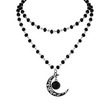 Imagem de PINK TOWN Colar gótico em camadas preto, estilo punk, sol, lua, pingente, gargantilha, gótico, Y2k, estético, hiphop, colares, joias de Halloween, fantasia, Large, Liga de aço Liga de aço Miçangas