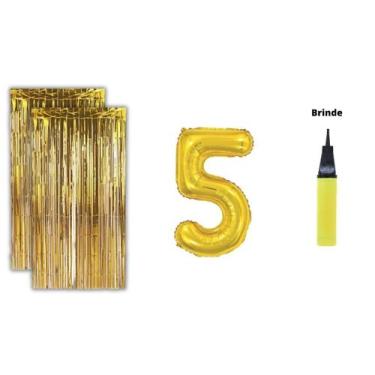 Imagem de Kit 2 Cortinas Metalizadas Balão Número+Bomba de Ar-Dourado - Partiufe