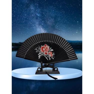 Imagem de Leque de Madeira Oriental Ventilador de Mão Estampado Chique (742504 Preto Rosa)