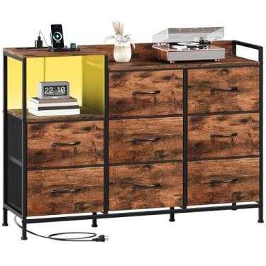 Imagem de Somdot Cômoda com estação de carregamento e prateleiras abertas, cômoda para quarto com 8 gavetas, unidades de organização de armários de armazenamento para sala de estar, corredor, moldura de metal