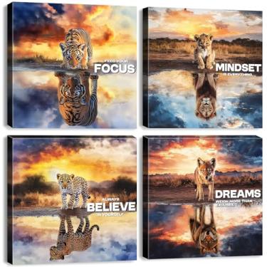 Imagem de Arte de parede motivacional animal inspiradora decoração de parede empreendedor citação positiva decoração de escritório Mindset is Everything pôster leão tigre lobo arte em tela sala de estar quarto