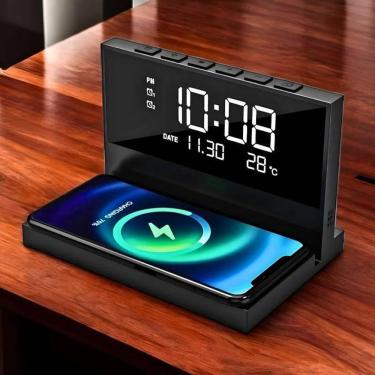 Imagem de Carregador Indução Preto + Despertador + Relógio Com Led