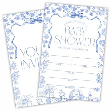 Imagem de DYIRBIIY Convites para chá de bebê - conjunto de 25 flores silvestres e laço de fita azul convida cartões com envelopes - anúncio de bebê revelação de gênero suprimentos de festa e decoração (10 cm x