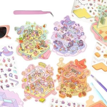 Imagem de 4 Sets DIY 3D Sticker Scene,DIY 3D House Stickers Make Your Own Warm Home Scene Stickers for Gifts Gym Coffee Game Room 3D Cartoon Sticker Scenes for Adult Kids Relief Stress Pass The Time