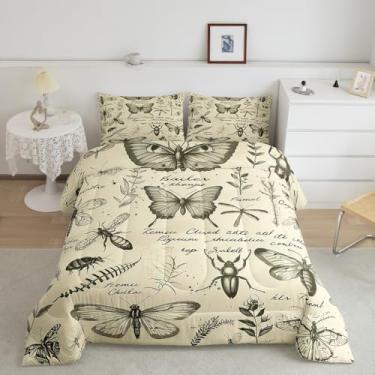 Imagem de Conjunto de edredom Queen com estampa de mariposa, insetos, besouros, tema entomológico, para decoração de quarto de crianças, adolescentes, meninos, meninas, desenho de folha de palmeira, botânico, 3