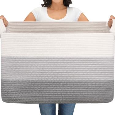 Imagem de OIAHOMY Cesta de cobertor extragrande, cesta de roupa suja de algodão 110L, cesto de brinquedo para quarto de bebê, recipiente para armazenamento de cobertor na sala de estar, 61 cm x 43 cm, cinza