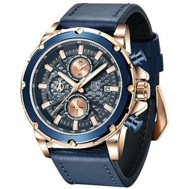Imagem de BENYAR Relógio masculino analógico movimento de quartzo cronógrafo pulseira de couro à prova d'água luminosa data relógio de pulso elegante casual negócios presente elegante para homens, Dourado,