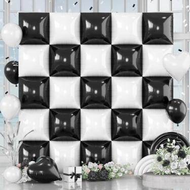 Imagem de Black and White Square Foil Balloons Wall, 25PCS Double Sided Pearl White and Metallic Black Checkered Square Balloon Backdrop Wall Party Decorations for Racing Car Disco Birthdays New Year Background